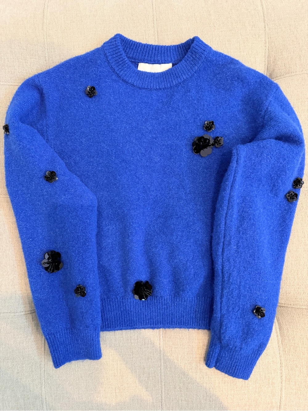 Zara Royal Blue Crewneck Sweater with Black Sequin Flowers